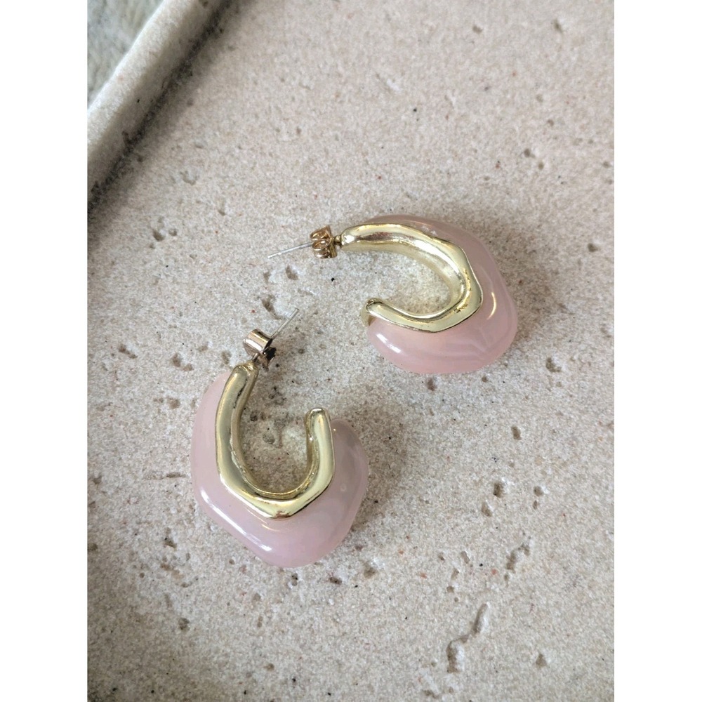 Romantic U Shaped Earrings In Baby Pink Resin & Gold Tone Artsy Chunky Statement